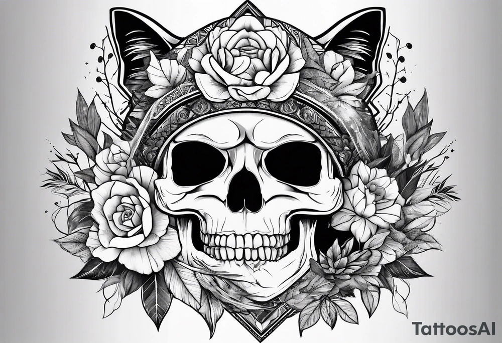 nature element with cat and skull tattoo idea