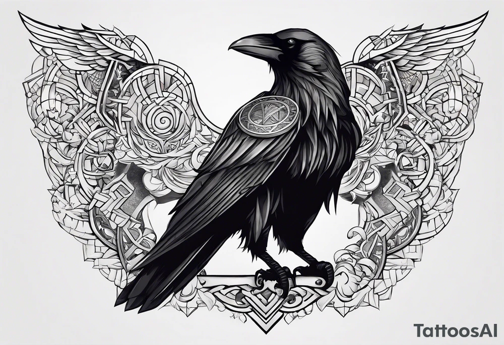 Create a tattoo of odin's crow set in the Viking mythology, the tattoo must be a full-right arm sized, with background tattoo idea