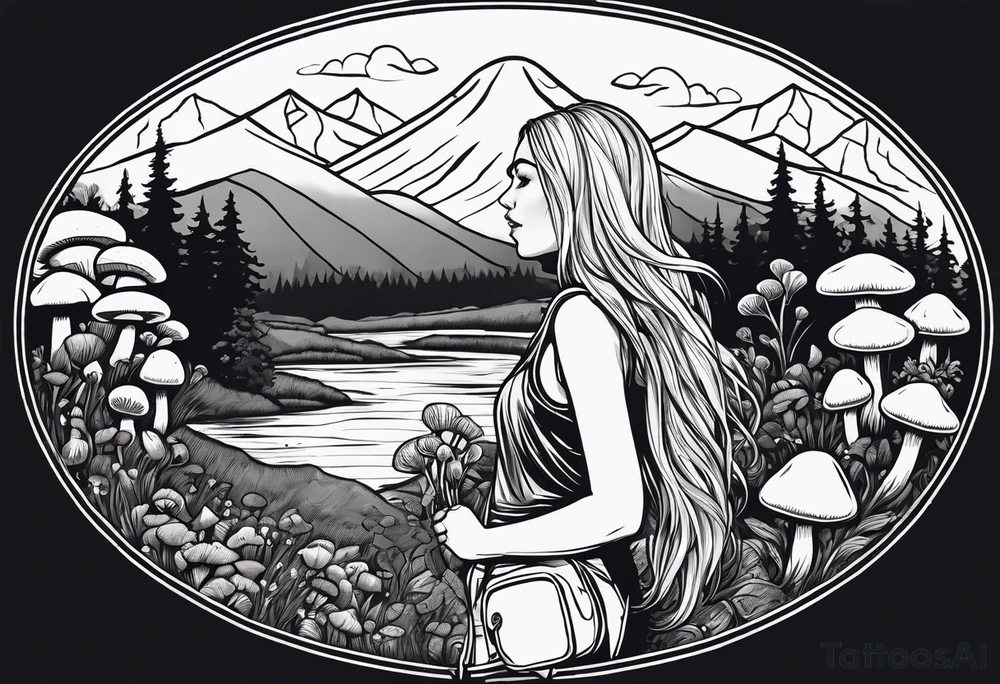 Straight long blonde hair hippie girl in distance holding mushrooms in hand facing away toward mountains and creek surrounded by mushrooms tee shirt and hiking pants tattoo idea