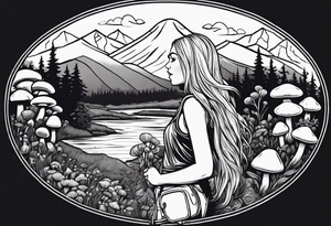 Straight long blonde hair hippie girl in distance holding mushrooms in hand facing away toward mountains and creek surrounded by mushrooms tee shirt and hiking pants tattoo idea