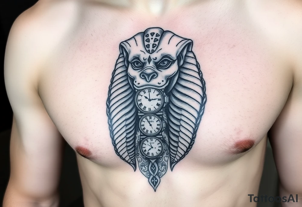 6. Esfinge descompuesta
Rostro de la Gran Esfinge, pero desmoronándose en bloques de piedra o arena flotante.

Puedes combinarlo con un reloj de arena dentro del pecho. tattoo idea