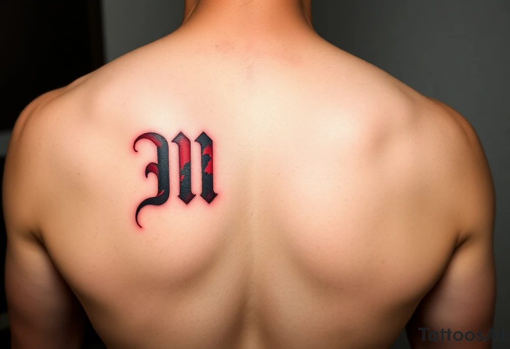 realistic tattoo design of "MCL" on upper left  side of chest, shaded to look as if tattoo was carved into the skin, red and black tattoo idea