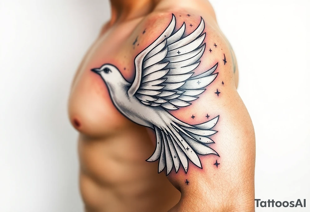 White dove of fire with the names of God and the Characteristics of the Holy Spirit in English tattoo idea