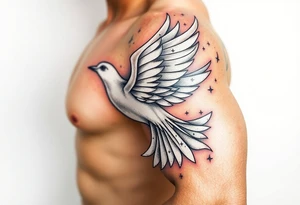 White dove of fire with the names of God and the Characteristics of the Holy Spirit in English tattoo idea