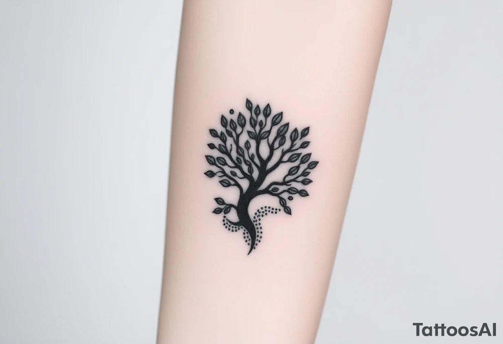 Fibonacci spiral shell on side of base of tree full of lots of leaves tattoo idea
