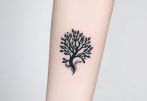 Fibonacci spiral shell on side of base of tree full of lots of leaves tattoo idea