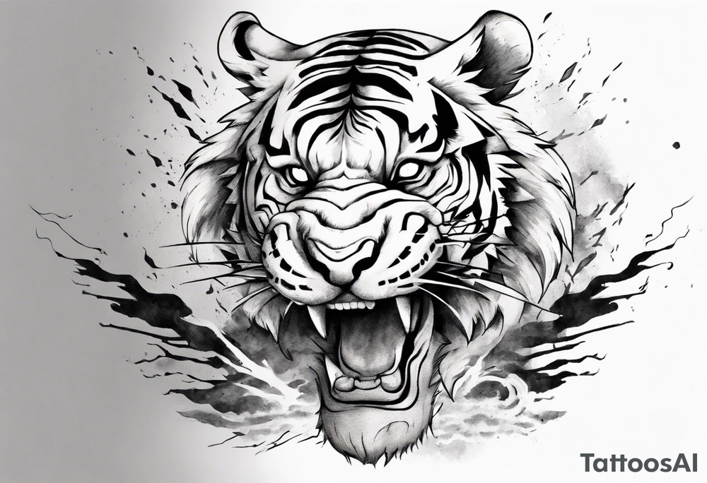 Ancient tiger with lightning and a sun for a forearm sleeve. With patterns surrounding it tattoo idea
