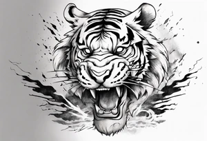 Ancient tiger with lightning and a sun for a forearm sleeve. With patterns surrounding it tattoo idea