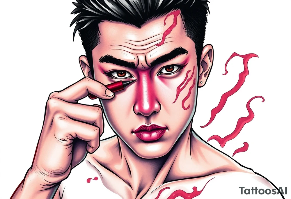 Handsome Asian young guy is putting fighting  make up on protecting from evil tattoo idea