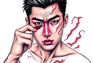 Handsome Asian young guy is putting fighting  make up on protecting from evil tattoo idea