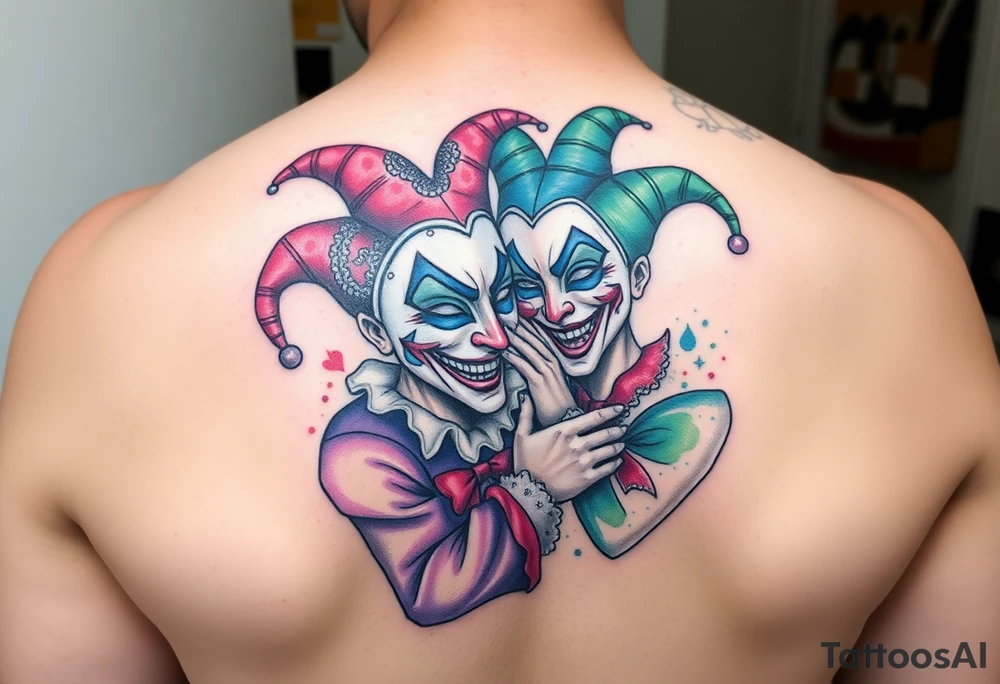 a toxic power jester couple holding each other with cheeks being pulled to force smile tattoo idea