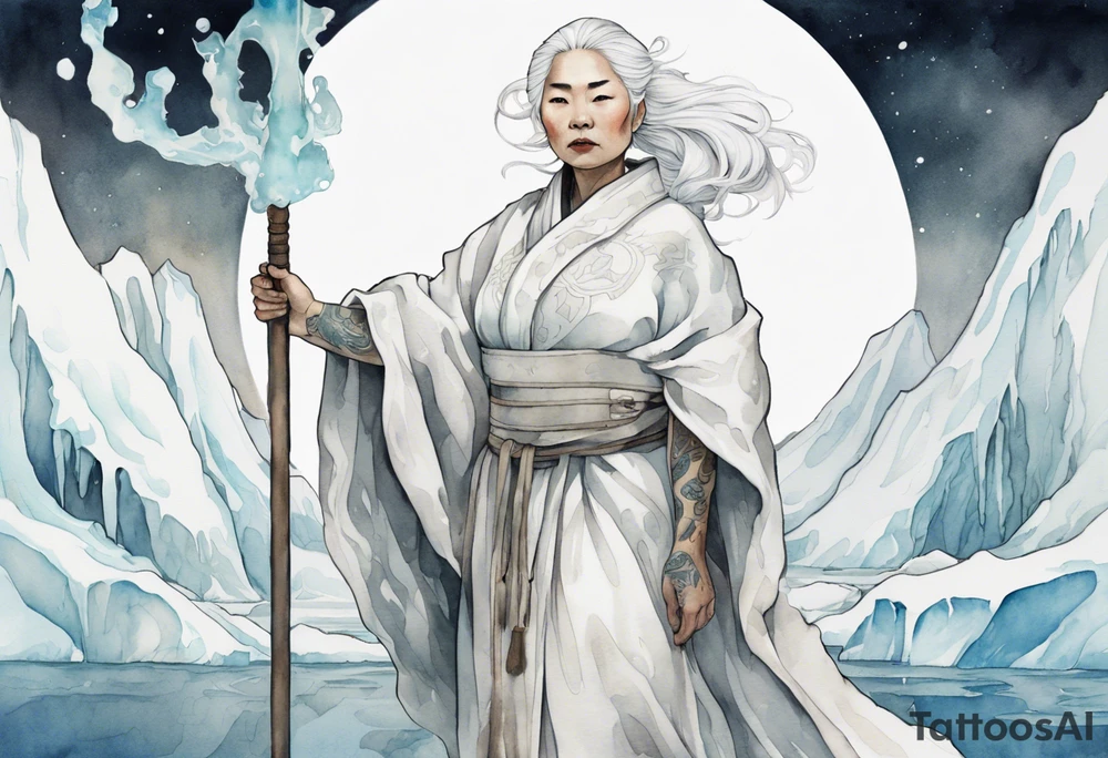 a 40 year old Inuit woman with white hair and a white robe holding a silver and white staff, standing on an iceberg tattoo idea