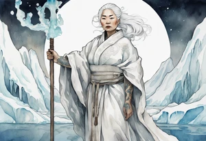 a 40 year old Inuit woman with white hair and a white robe holding a silver and white staff, standing on an iceberg tattoo idea