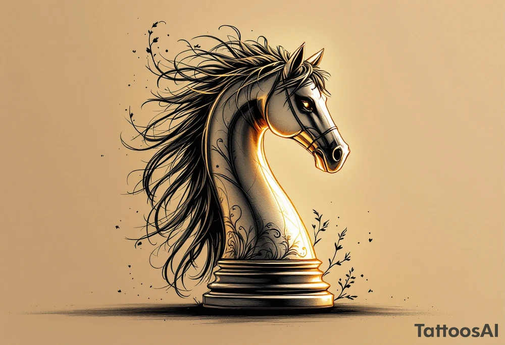 a knight of chess piece. it doesn't have legs, it's a chess piece. 
The knight piece is depicted in motion, slightly tilted forward as if it's charging or coming out of the shadows. The knight’s face is detailed but with a focus on the horse's strong features: its mane flowing in the wind, and the body etched with intricate details to represent strength and agility. The knight is emerging from a shadow, with the front part of the body illuminated in soft, warm light. The shadowed portions near the back and tail create a mystical aura. tattoo idea