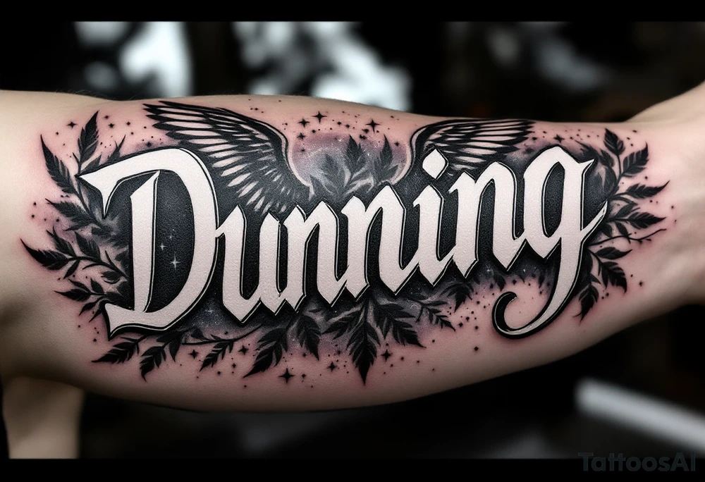 Dunning, Details include on left arm, name in white color,angel wing, wet jungle leaves,cool font, galaxy background filling, tattoo idea