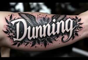 Dunning, Details include on left arm, name in white color,angel wing, wet jungle leaves,cool font, galaxy background filling, tattoo idea