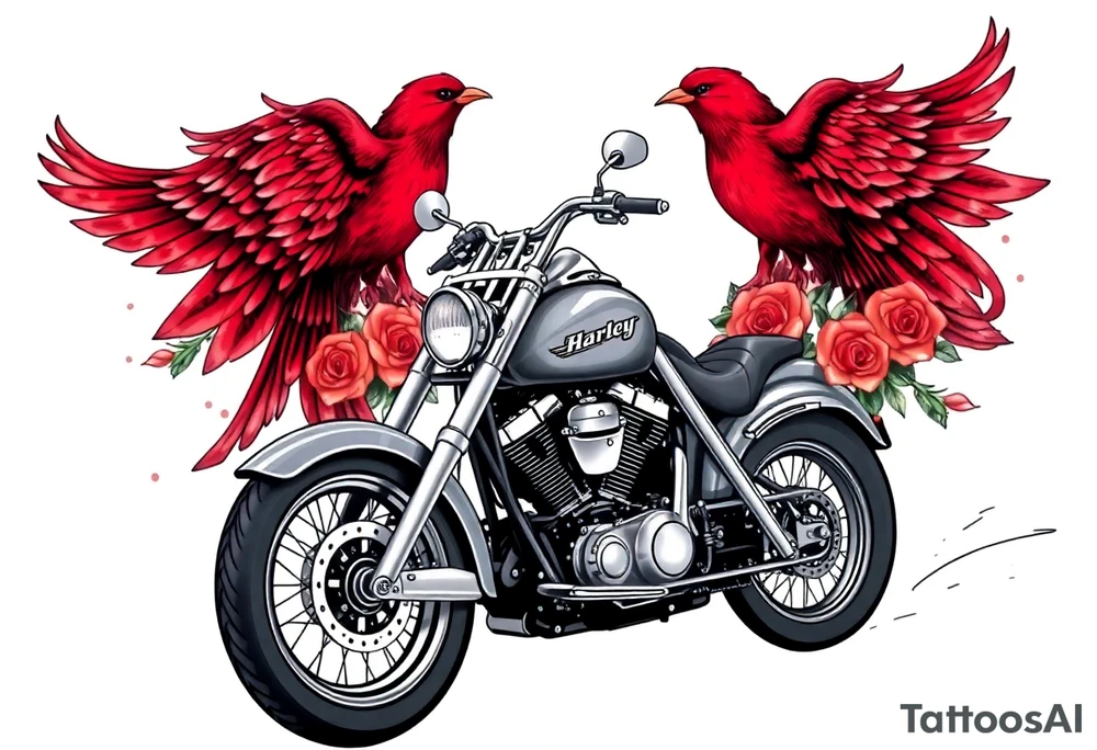 Harley grey motorcycle driving away, two red birds flying, roses, flames, angel wings tattoo idea