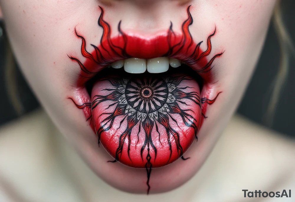 A bold crimson Kolovrat (Slavic sun symbol) tattoo sits centered on the tongue, its eight fiery red arms radiating outward with fine black outlines, creating a striking contrast against the natural pink flesh. tattoo idea