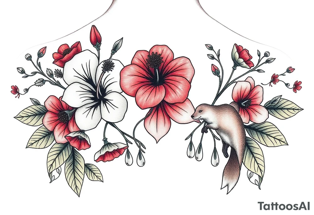 wild hibiscus and meadow flowers with morning dew drops and foxes tattoo idea
