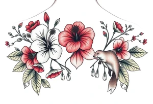 wild hibiscus and meadow flowers with morning dew drops and foxes tattoo idea