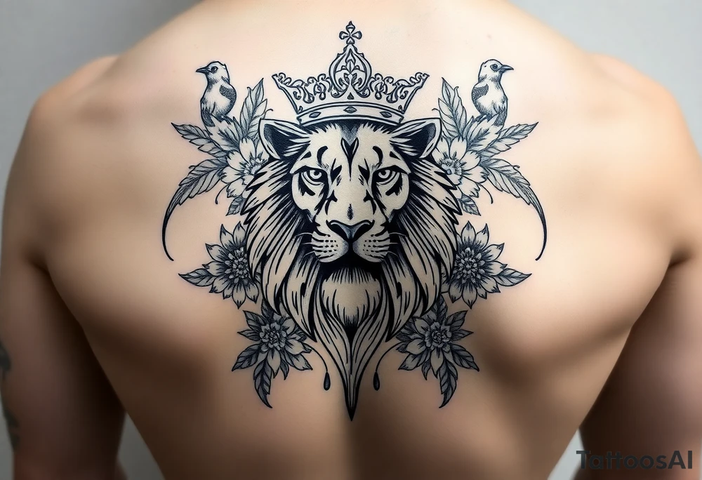 powerful majestic lion with a crown, surrounded by floral ornaments and birds tattoo idea