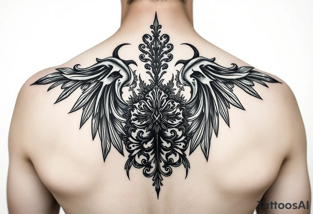 Gothic french on a woman’s back tattoo idea