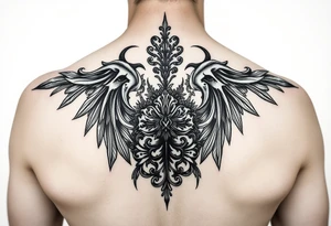 Gothic french on a woman’s back tattoo idea
