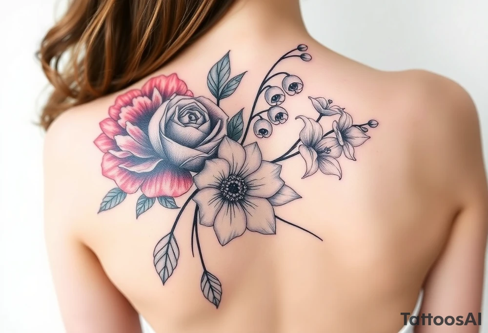 Bouquet of flowers with a carnation, rose, Lily of the valley, delphinium with stems Starting upper middle back to right shoulder tattoo idea