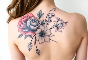 Bouquet of flowers with a carnation, rose, Lily of the valley, delphinium with stems Starting upper middle back to right shoulder tattoo idea