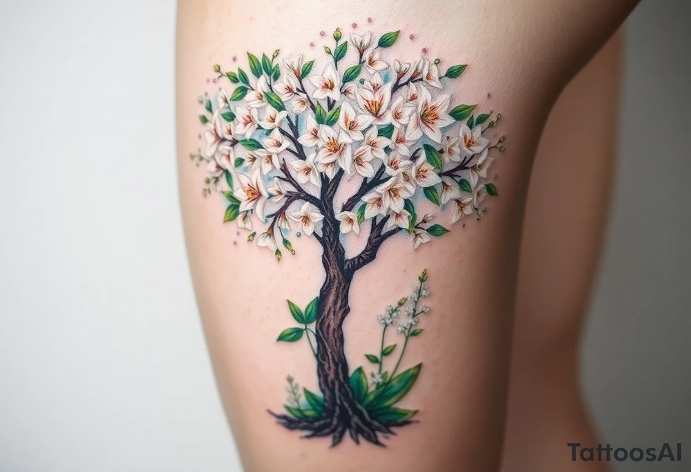 Flowering hawthorne tree with white lilly of the vally bell plants planted by  tree with other lilly plants tattoo idea