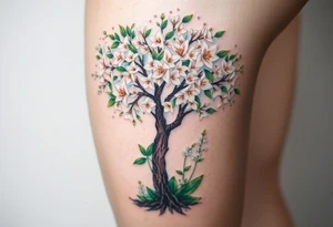 Flowering hawthorne tree with white lilly of the vally bell plants planted by  tree with other lilly plants tattoo idea