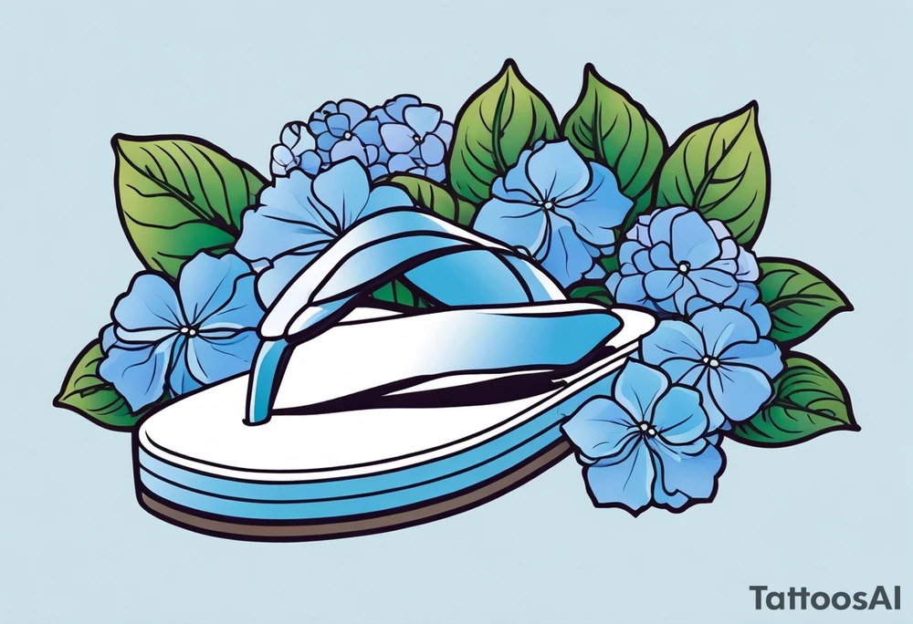 small tattoo of a pastel blue flip flop surrounded by blue and periwinkle hydrangea flowers with green leaves tattoo idea