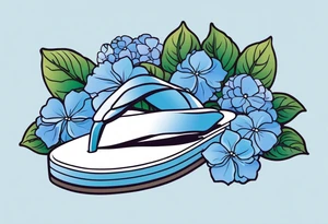 small tattoo of a pastel blue flip flop surrounded by blue and periwinkle hydrangea flowers with green leaves tattoo idea