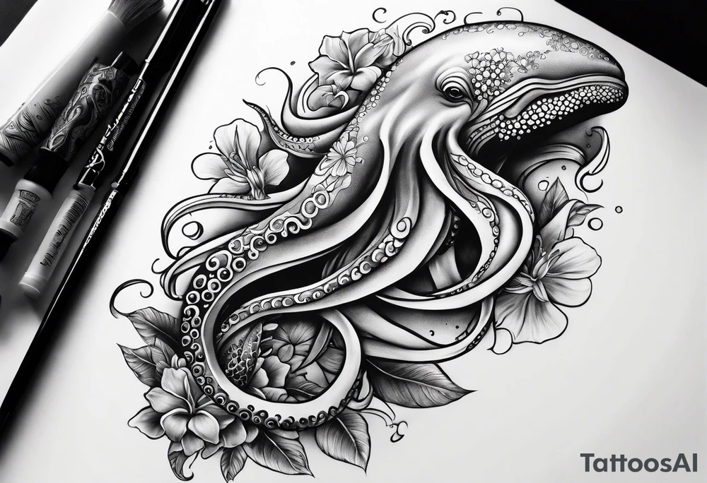 Half sleeve with octopus and humpback whale on arm with Hawaiian flowers tattoo idea