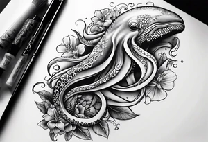 Half sleeve with octopus and humpback whale on arm with Hawaiian flowers tattoo idea