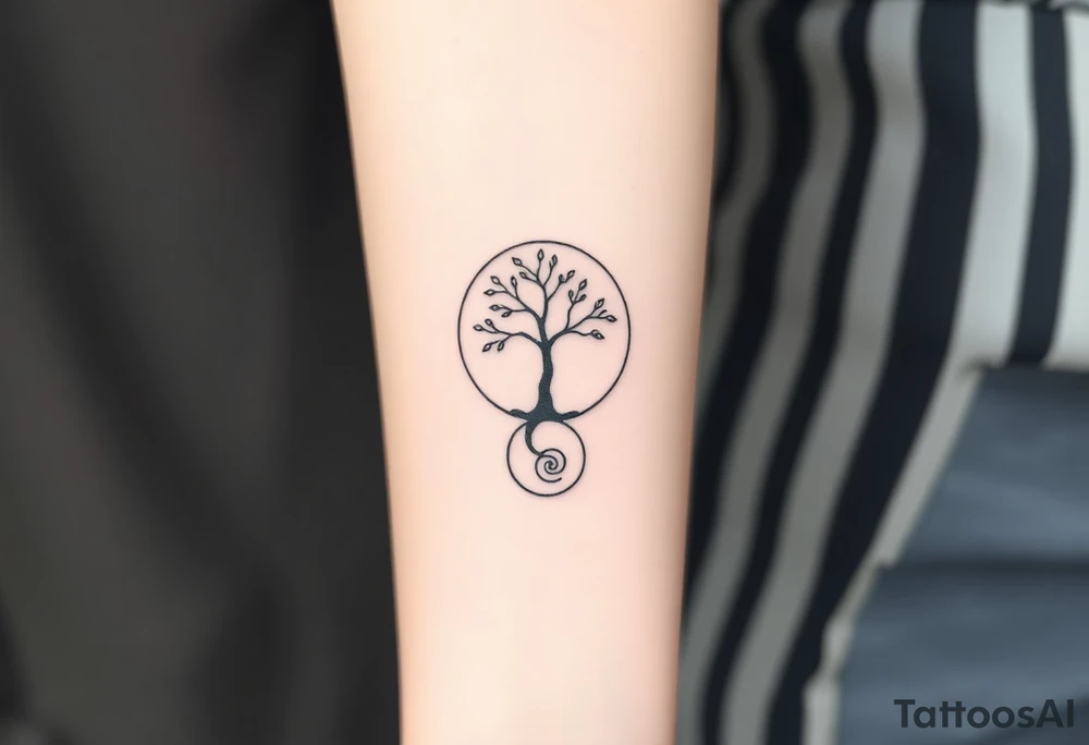 A tree in a circle,
with few leaves, with an outward spiral as its roots tattoo idea