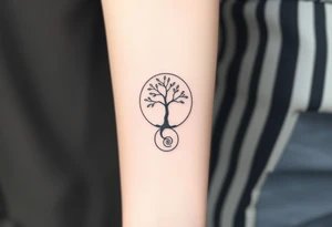 A tree in a circle,
 with few leaves, with an outward  spiral as its roots tattoo idea
