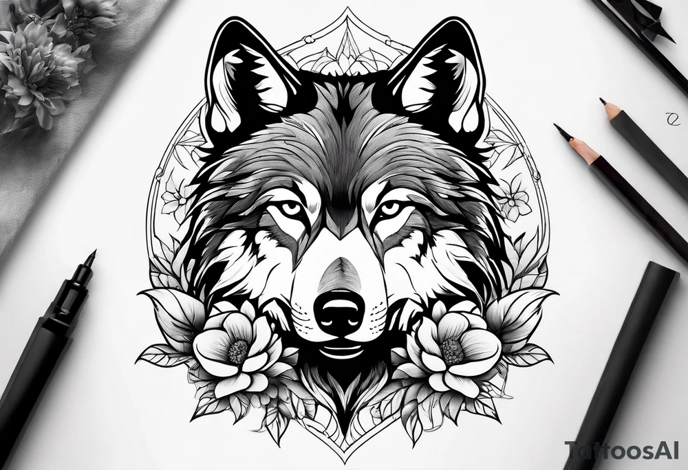 Wolf with flowers tattoo idea