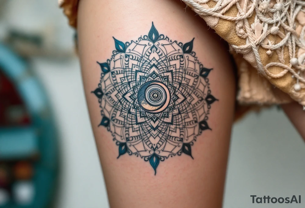 "Mandala of the Goddess" – A complex mandala with soft curves and intricate patterns, symbolizing unity and balance. Within the center, a crescent moon or sun motif, representing femininity and cycles of life. tattoo idea