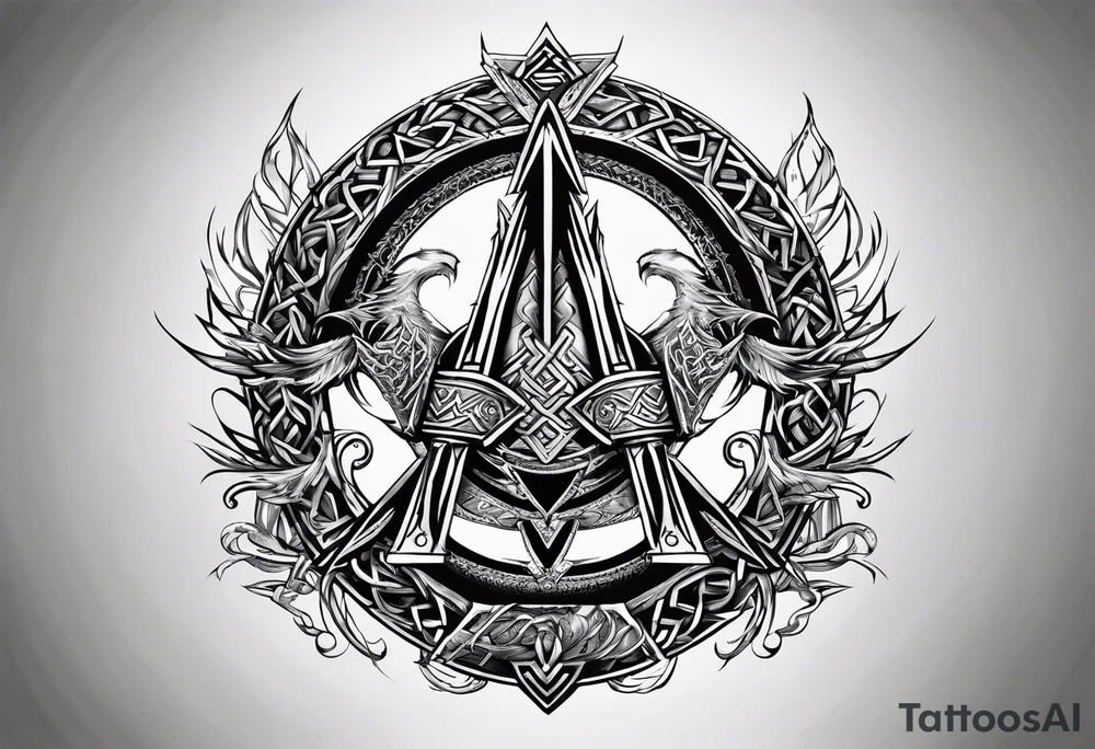 Valhalla sword shield dragon axe Valknut barbed wire chains tribal tattoo idea Valhalla sword shield dragon axe Valknut barbed wire chains tribal tattoo idea