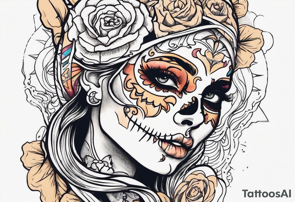 Skeleton coming out of woman’s face tattoo idea