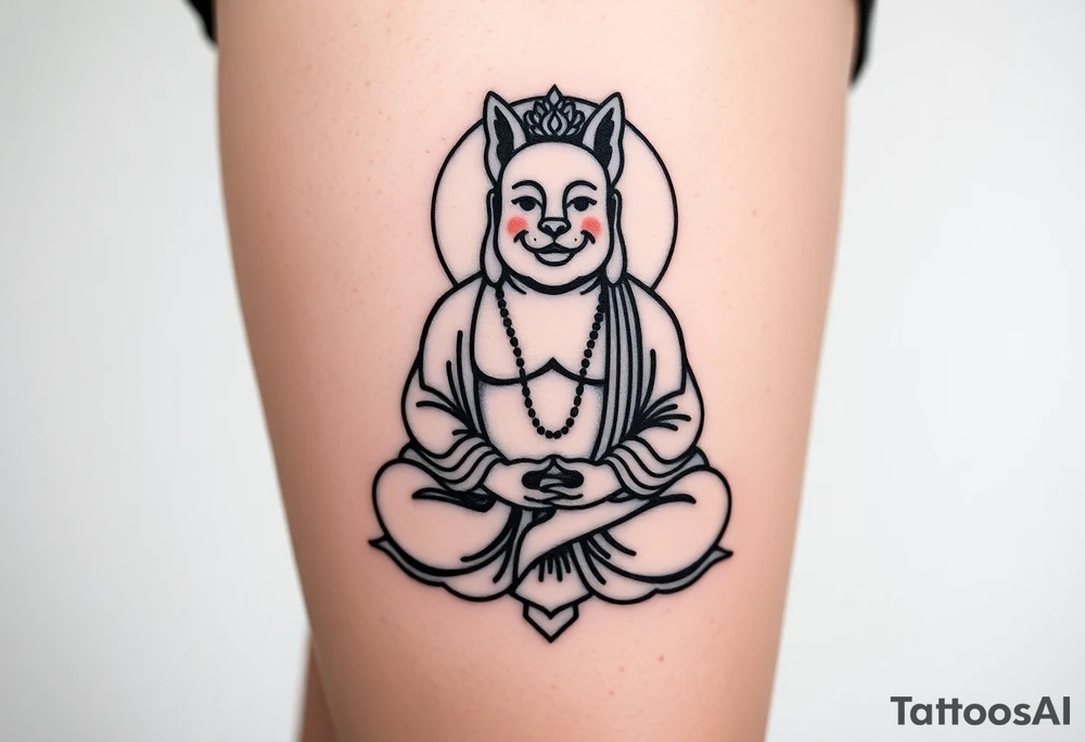 Meditating fat Buddha with happy dog head tattoo idea