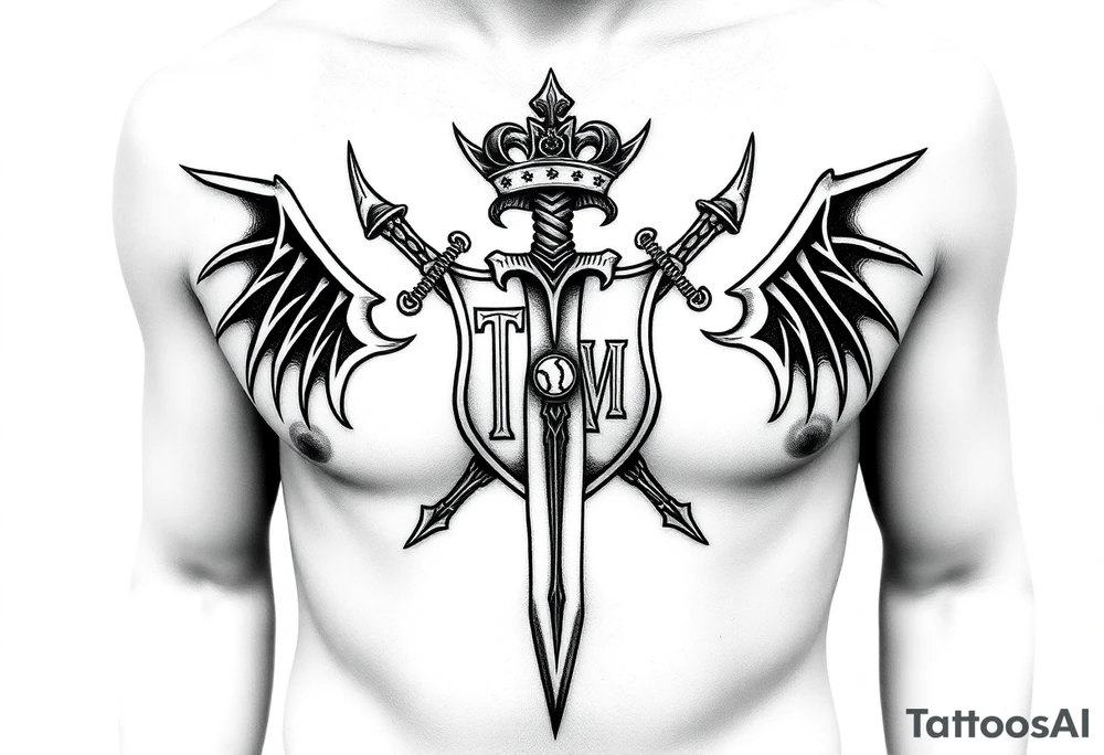Family crest from Ireland with the The Toledo Mudhens Baseball Team, a demonic  13 And Demonic And Midevel dagger Featurs Made Into a full chest tattoo tattoo idea