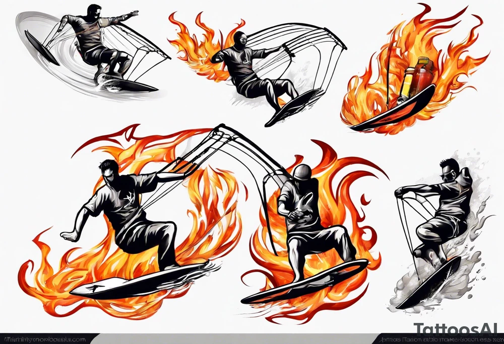 Man doing Kitesurfing tricks in fire tattoo idea