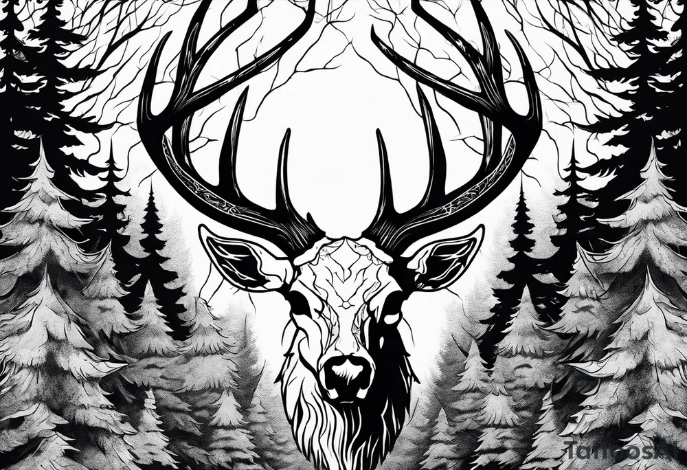 A spooky decaying deer skull lore accurate wendigo surrounded by a forest fire in background tattoo idea
