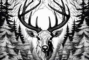 A spooky decaying deer skull lore accurate wendigo surrounded by a forest fire in background tattoo idea