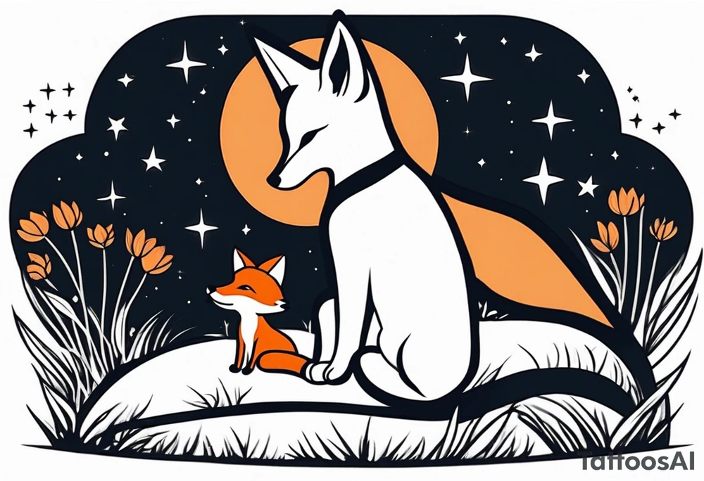 sitting from behind looking at the stars, a little girl and a fox sitting in the grass tattoo idea