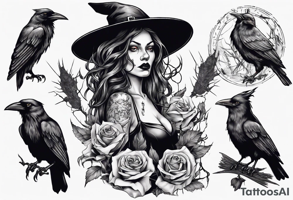 witch with crows, no roses or flowers tattoo idea
