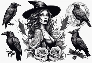 witch with crows, no roses or flowers tattoo idea