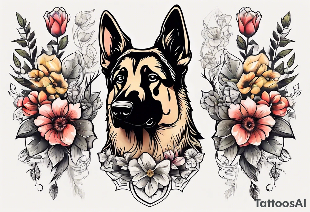 Sable German shepherd portrait with flowers tattoo idea